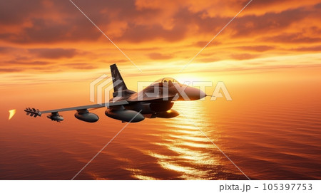 F-16 air force fighter flying over the ocean, beautiful sunset over horizon on the background. Jet military aircraft patrols territory, makes a training flight. Close up aerial view. 3D rendering. F-16 air force fighter flying over the ocean, beautiful sunset over horizon on the background. Jet military aircraft patrols territory, makes a training flight. Close up aerial view. 3D rendering. 105397753