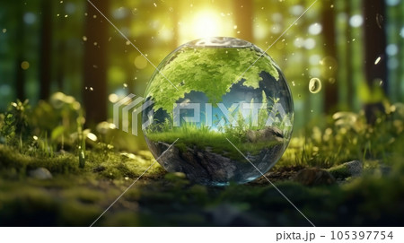 Transparent crystal sphere in a green forest filled with sunlight. Grass and trees are reflected in the glass globe. Protection of water resources concept. Environmental care. Earth Day. 3D rendering. Transparent crystal sphere in a green forest filled with sunlight. Grass and trees are reflected in the glass globe. Protection of water resources concept. Environmental care. Earth Day. 3D rendering. 105397754