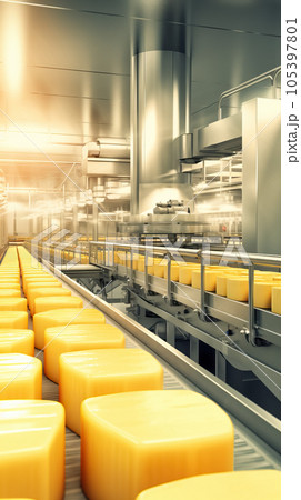 A conveyor belt in a factory, carrying pieces of cheese. 105397801
