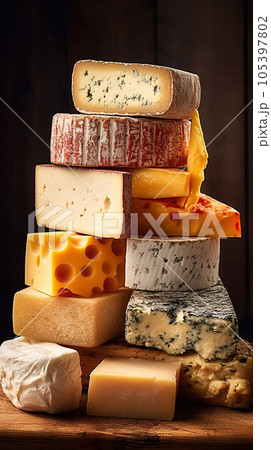 A variety of cheeses stacked up on each other on a wooden board. 105397802
