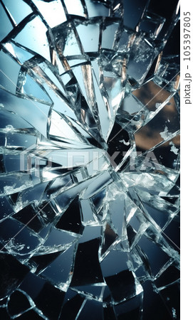 A close-up view of shattered glass, broken with prominent cracks along its edges. A close-up view of shattered glass, broken with prominent cracks along its edges. 105397805