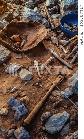 Archaeological scene with a collection of ancient tools and artifacts. 105397817