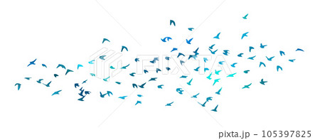A flock of blue watercolor flying birds. Free birds abstraction Vector illustration 105397825