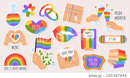 LGBT pride community sticker pack on white background. Rainbow hand drawn flat cartoon elements. Vector illustration LGBT pride community sticker pack on white background. Rainbow hand drawn flat cartoon elements. Vector illustration 105397848