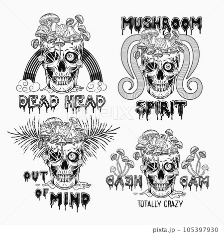 Labels with human skull without top like cup, bowl full of fantasy mushrooms. Crazy mad skull with single eye and growing through mushrooms, text. Illustrations on white background. Vintage style. 105397930