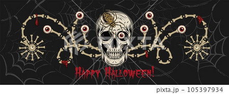 Halloween banner, border with human skull, spider, bones, creepy red eyeball, text. Dark background with distorted spiderweb. Horizontal holiday poster, header for website, social media 105397934