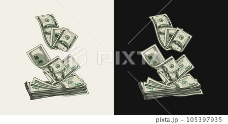 Falling, flying from above 100 dollar banknotes into stack dollar bills. Pile of cash money. Color isolated vector illustration in vintage style. 105397935