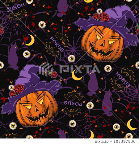 Pattern with fantasy pumpkin like a female face, eyeballs, purple hat with roses, silhouette of bat, cat, crescent, stars, blood spots, spiderweb behind. Holiday illustration on dark background 105397936