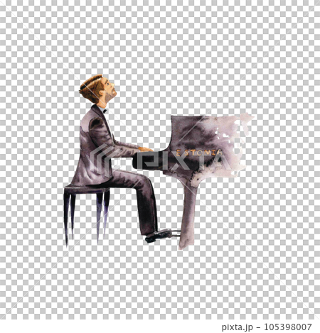 Pianist man in black tailcoat watercolor illustration. Expressive romantic pianist man plays piano isolated on white 105398007