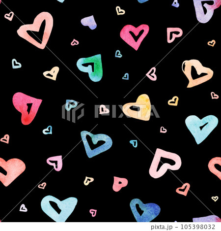 Watercolor seamless pattern with elements for Valentine's Day with hand drawn watercolor hearts on black background. Romantic ornament for valentines day. Isolated on white background. design for 105398032
