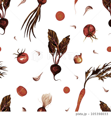 Organic food seamless pattern. Watercolor hand drawn illustration with carrot, beetroot, onion, tomato, garlic. vegetables isolated on white background. healthy plants for print, fabric, wrapping 105398033
