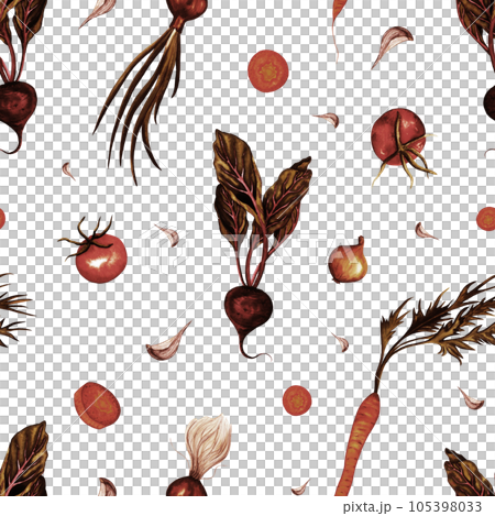 Organic food seamless pattern. Watercolor hand drawn illustration with carrot, beetroot, onion, tomato, garlic. vegetables isolated on white background. healthy plants for print, fabric, wrapping 105398033