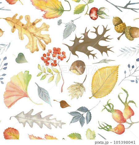 Autumn leaves watercolor seamless pattern with oak, rose hip, Rowanberry, ash, acorn, wild ash, ginkgo, abstract herbs, for background, decoration, textile, banne 105398041