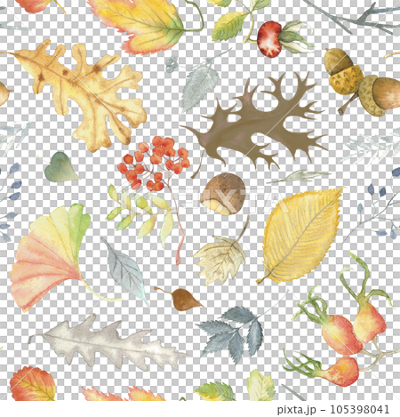 Autumn leaves watercolor seamless pattern with oak, rose hip, Rowanberry, ash, acorn, wild ash, ginkgo, abstract herbs, for background, decoration, textile, banne 105398041