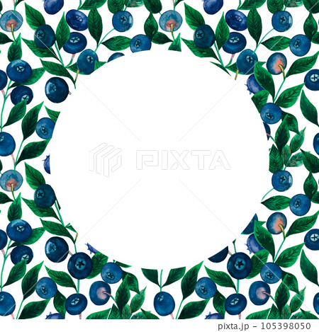 Watercolour blueberry round frame with berries, leaves hand drawn isolated on white. For backgrounds, product design, greeting card, decoration Watercolour blueberry round frame with berries, leaves hand drawn isolated on white. For backgrounds, product design, greeting card, decoration 105398050