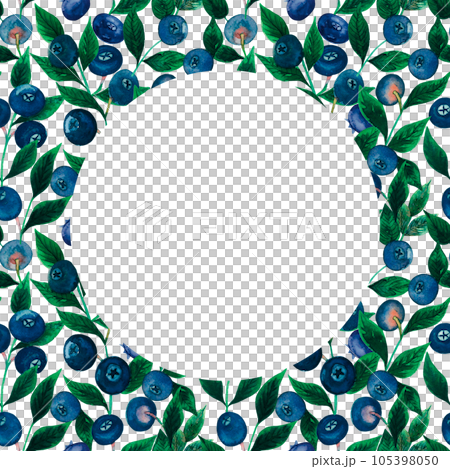 Watercolour blueberry round frame with berries, leaves hand drawn isolated on white. For backgrounds, product design, greeting card, decoration Watercolour blueberry round frame with berries, leaves hand drawn isolated on white. For backgrounds, product design, greeting card, decoration 105398050
