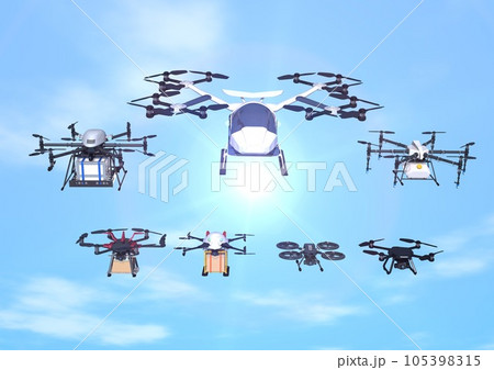 大空を飛行する、多数のドローン編隊(3DCGイメージ) 大空を飛行する、多数のドローン編隊(3DCGイメージ) 105398315