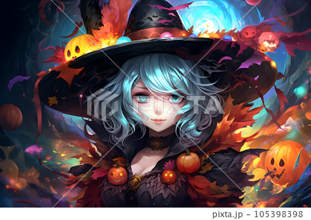 witch with white hair and halloween hat, anime 105398398