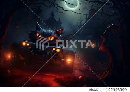 Halloween cat car in the dark forest pumpkins 105398399