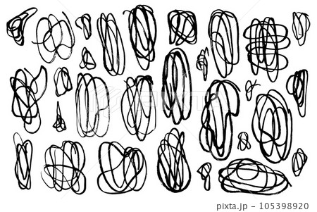 Set of sketch vector hand drawn black ink textured messy lines swirls. Collection of chaotic strokes scribbles for advertisement, decor element, mental struggling concept 105398920