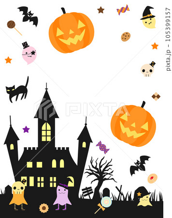 お化けやお菓子などをちりばめたハロウィンのカード　縦バージョン 105399157