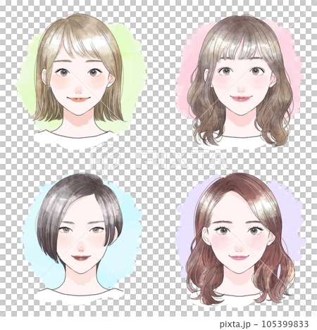 女性　正面　水彩風イラスト　セット 105399833