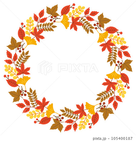 秋の植物の丸フレーム/紅葉・落ち葉・赤い実/手書きベクターイラスト 秋の植物の丸フレーム/紅葉・落ち葉・赤い実/手書きベクターイラスト 105400187