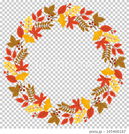 秋の植物の丸フレーム/紅葉・落ち葉・赤い実/手書きベクターイラスト 秋の植物の丸フレーム/紅葉・落ち葉・赤い実/手書きベクターイラスト 105400187