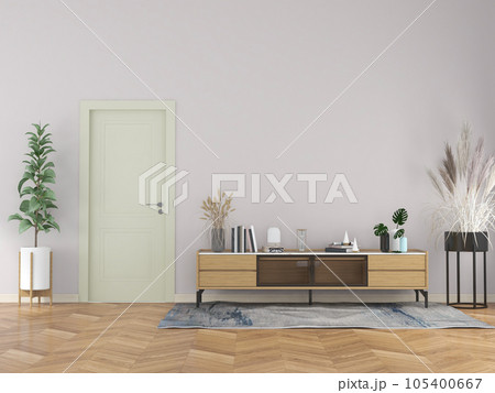 living room interior with wooden sideboard 3D rendering 105400667