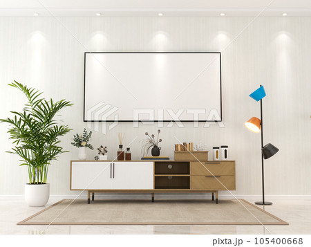 living room interior with wooden sideboard and mock up frame 3D rendering 105400668