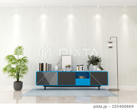living room interior with wooden sideboard 3D rendering living room interior with wooden sideboard 3D rendering 105400669