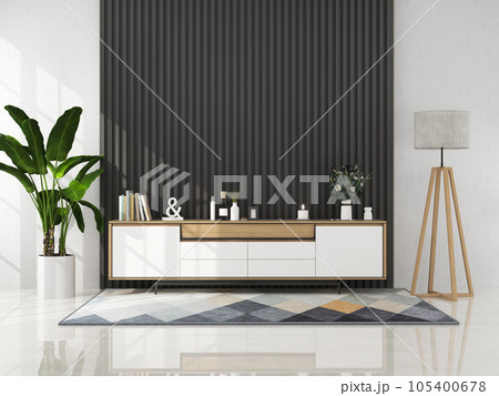 living room interior with wooden sideboard 3D rendering living room interior with wooden sideboard 3D rendering 105400678