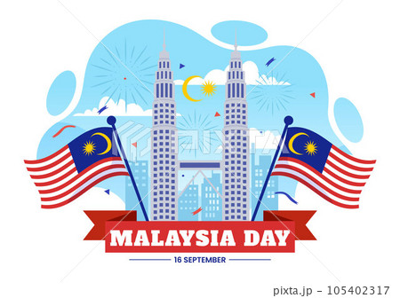 Happy Malaysia Day Celebration Vector Illustration on 16 September with Waving Flag and Twin Towers in Flat Cartoon Hand Drawn Templates 105402317