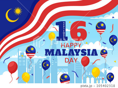 Happy Malaysia Day Celebration Vector Illustration on 16 September with Waving Flag and Twin Towers in Flat Cartoon Hand Drawn Templates 105402318