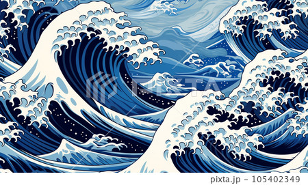 フラットな浮世絵風の波　Generative AI 105402349