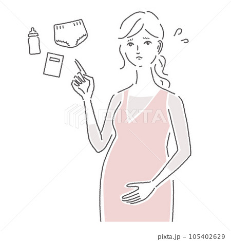 妊婦と赤ちゃんグッズ（困り顔） 105402629