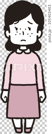 一個滿臉雀斑、表情悲傷、面朝前方的女人的全身插圖 一個滿臉雀斑、表情悲傷、面朝前方的女人的全身插圖 105403403