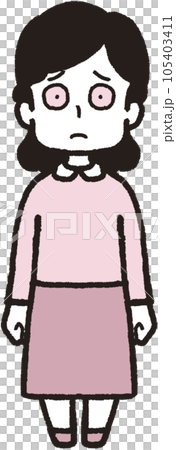 正面を向いて目を大きく開けて口を閉じている女性の全身イラスト 正面を向いて目を大きく開けて口を閉じている女性の全身イラスト 105403411