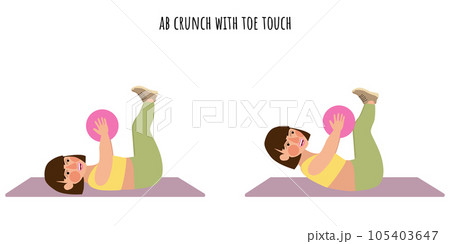 Undersized woman doing ab crunch with toe touch 105403647