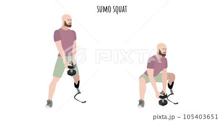 Man with a prosthetic leg doing sumo squat Man with a prosthetic leg doing sumo squat 105403651