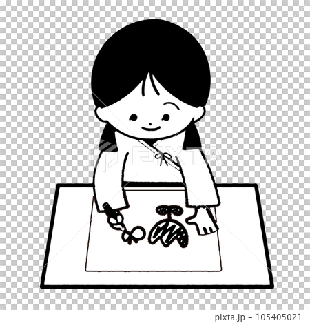 お絵描きを楽しむ入院中の女の子（白黒） 105405021