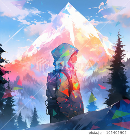 アニメ風の山と少女のイラスト　Generative AI 105405903