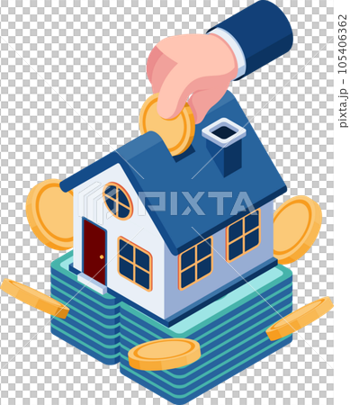 Isometric Businessman Hand Insert Coin Into House Isometric Businessman Hand Insert Coin Into House 105406362