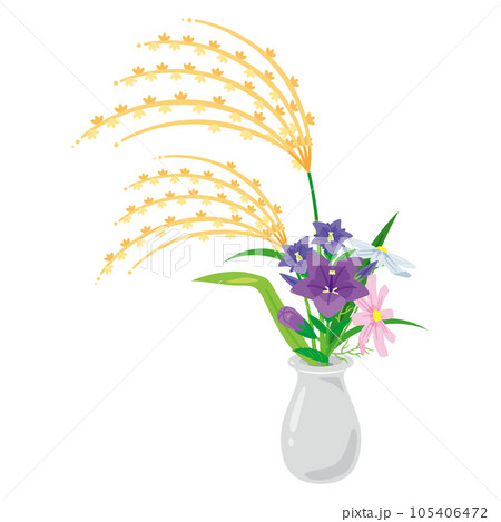 花瓶に入ったススキと秋の花々 105406472