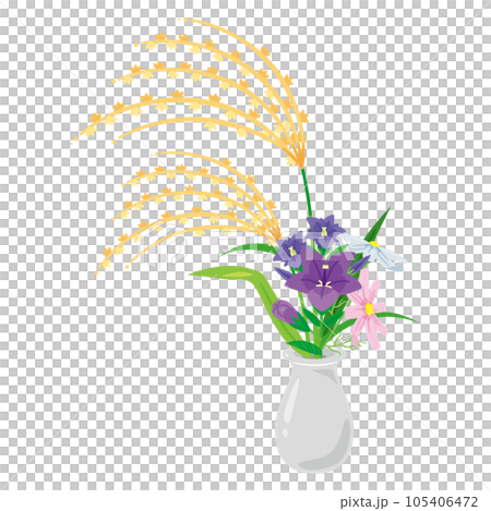 花瓶に入ったススキと秋の花々 105406472