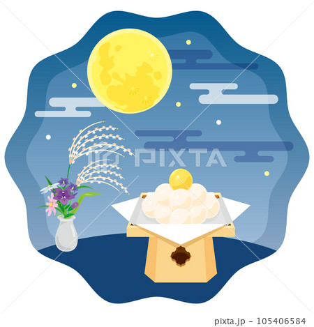 夜空の満月と秋の花々と月見団子1 105406584