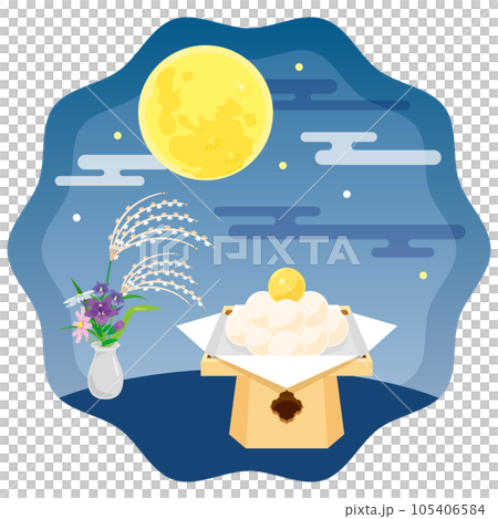 夜空の満月と秋の花々と月見団子1 105406584