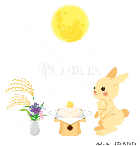 満月とウサギと秋の花々と月見団子 105406588