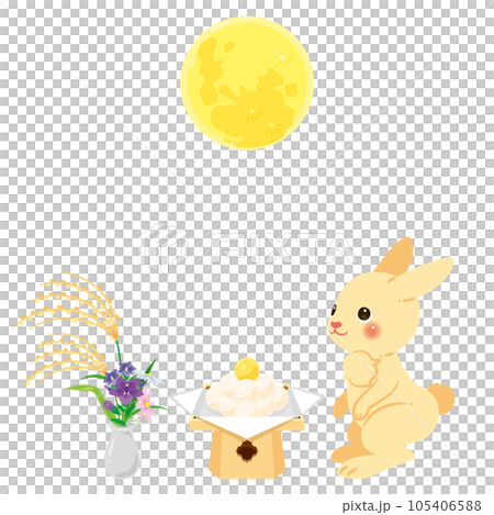 満月とウサギと秋の花々と月見団子 105406588