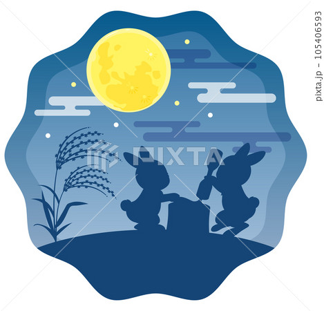 夜空の満月と餅をつくウサギのシルエット 夜空の満月と餅をつくウサギのシルエット 105406593